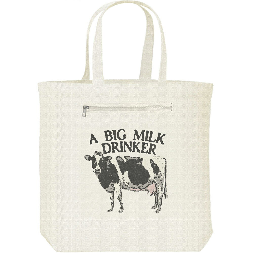 牛（ホルスタイン）ミルク大好き／キャンバスバッグ・ファスナー ポケット付