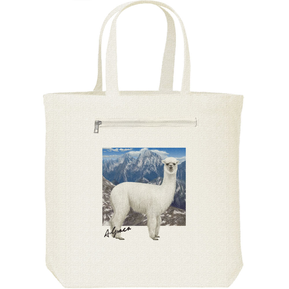 アルパカ ＋背景／キャンバスバッグ・ファスナー ポケット付