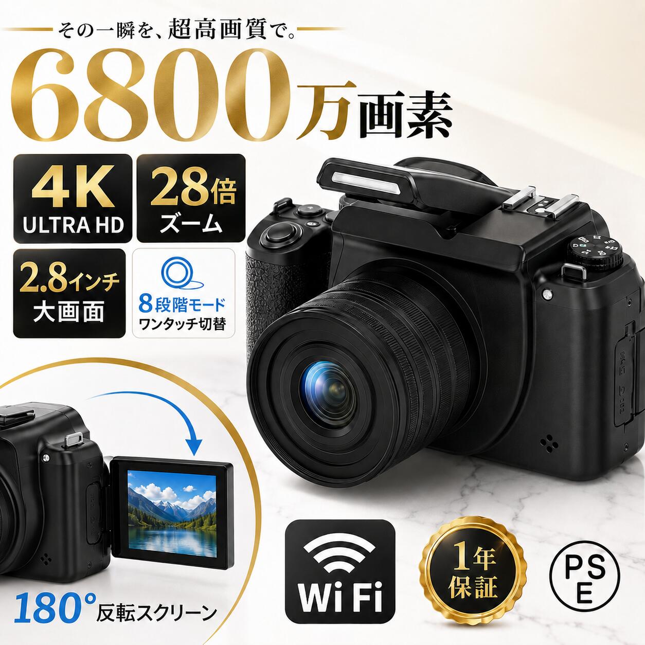 一眼レフカメラ 初心者 セット デジタルカメラ WiFi対応 大画面液晶 カメラ 4K 6800万画 ...