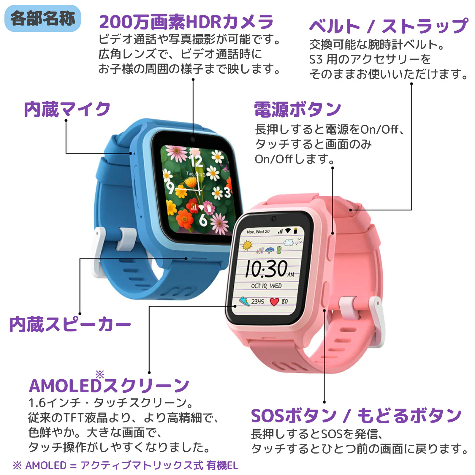 myFirst Fone M1 (nano SIM) キッズスマートウォッチ GPS ビデオ通話 4G 子供 腕時計 AMOLEDスクリーン搭載 キッズウォッチ Bluetooth カメラ 音楽再生 ゲームなし スマートウォッチ IP67 防水 軽量 小学生 見守り 防犯 誕生日プレゼント 商品画像3