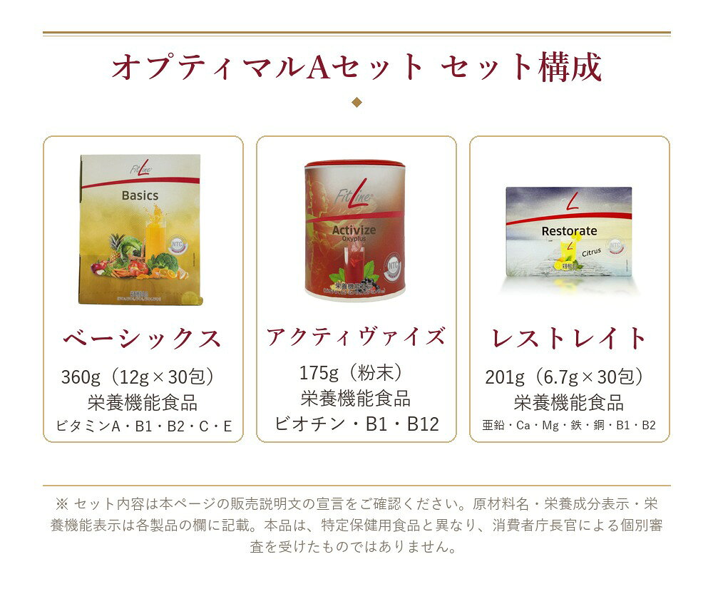 FitLine フィットライン オプティマルAセット ベーシックス アクティヴァイズ レストレイト 3点セット 粉末 マルチビタミン ミネラル 乳酸菌 食物繊維 サプリメント 栄養機能食品 PMインターナショナル mygift-10017738 マイギフト 楽天市場店 サンプル画像2