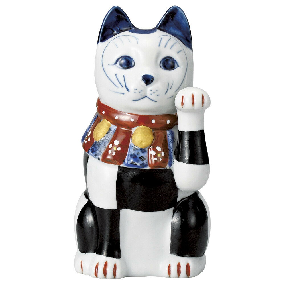 赤絵市松猫 小（左・黒） 招き猫 18cm ( 置物 縁起物 招き猫 開運アイテム まねき猫 お祝い おしゃれ かわいい 記念品 風水 グッズ 開店祝い 結婚祝い 出産祝い 誕生日プレゼント )