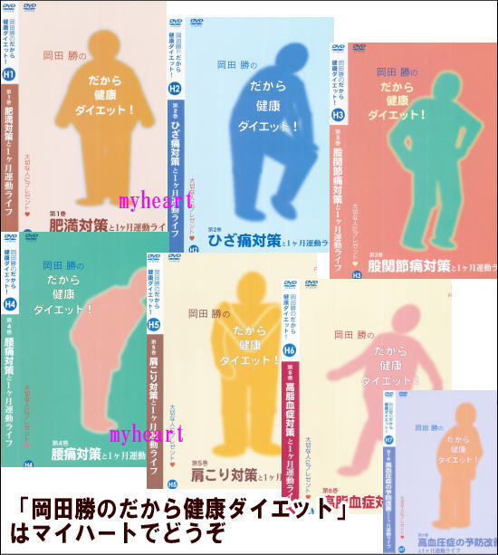 　 肥満や生活習慣病で悩んでいるあなたへ！ 健康的にダイエットするための情報とストレッチや筋トレを伝授！ さぁ、みなさんも一緒にレッツトライ！ 【商品内容】 ■DVD7枚組 　 【収録内容】 ■DISC-1：第1巻：肥満対策と1カ月運動ライフ 1.肥満が招く生活習慣病 2.スッキリ！お目覚めストレッチ 3.ダイエットに最も効果的な運動 4.今日からできる肥満対策筋トレ 5.ダイエットの正しい3つのバランス 6.理想的な運動ペースとは？ ■DISC-2：第2巻：ひざ痛対策と1カ月運動ライフ 1.ひざ痛の原因と対策 2.スッキリ！お目覚めストレッチ 3.ひざに負担をかけない運動とは？ 4.今日からできるひざ痛対策筋トレ 5.理想的な運動ペースとは？ ■DISC-3：第3巻：股関節痛対策と1カ月運動ライフ 1.股関節痛の原因と対策 2.スッキリ！お目覚めストレッチ 3.効果抜群！股関節痛対策のストレッチ 4.要注意！スポーツと体のバランス 5.股関節痛対策筋トレ ■DISC-4：第4巻：腰痛対策と1カ月運動ライフ 1.腰痛の原因・怖い併発症 2.腰痛に効果あり！スッキリ！お目覚めストレッチ 3.急性ぎっくり腰の対処法 4.正しい姿勢・良くない姿勢とは？ 5.腰痛対策の筋トレ ■DISC-5：第5巻：肩こり対策と1カ月運動ライフ 1.肩こりの原因とは 2.肩こりを呼ぶ2つの筋肉 3.スッキリ！お目覚めストレッチ 4.日常に潜む悪い習慣とは？ 5.肩こり対策の筋トレ 6.肩こり対策と1ヶ月運動ライフ ■DISC-6：第6巻：高脂血症対策と1カ月運動ライフ 1.「高脂血症」とは 2.予防と改善のための「摂りたい食べ物」「制限したい食べ物」 3.ぐっすり！おやすみストレッチ 4.有酸素運動で高脂血症予防 5.高脂血症にも筋トレ！ 6.高脂血症対策と1ヶ月運動ライフ ■DISC-7：第7巻：高血圧症の予防改善と1カ月運動ライフ 1.高血圧症のウソ？ホント？ 2.ぐっすり！おやすみストレッチ 3.血圧の計り方と目安 4.下半身の筋トレで血液循環をUP！ 5.高血圧症対策と1ヶ月運動ライフ 　 【備考】 発売日： 2005年06月25日 ※商品発送まで3〜5日ほどお時間をいただく場合がございます。　 肥満や生活習慣病で悩んでいるあなたへ！ 健康的にダイエットするための情報とストレッチや筋トレを伝授！ さぁ、みなさんも一緒にレッツトライ！ 【商品内容】 ■DVD7枚組 　 【収録内容】 ■DISC-1：第1巻：肥満対策と1カ月運動ライフ 1.肥満が招く生活習慣病 2.スッキリ！お目覚めストレッチ 3.ダイエットに最も効果的な運動 4.今日からできる肥満対策筋トレ 5.ダイエットの正しい3つのバランス 6.理想的な運動ペースとは？ ■DISC-2：第2巻：ひざ痛対策と1カ月運動ライフ 1.ひざ痛の原因と対策 2.スッキリ！お目覚めストレッチ 3.ひざに負担をかけない運動とは？ 4.今日からできるひざ痛対策筋トレ 5.理想的な運動ペースとは？ ■DISC-3：第3巻：股関節痛対策と1カ月運動ライフ 1.股関節痛の原因と対策 2.スッキリ！お目覚めストレッチ 3.効果抜群！股関節痛対策のストレッチ 4.要注意！スポーツと体のバランス 5.股関節痛対策筋トレ ■DISC-4：第4巻：腰痛対策と1カ月運動ライフ 1.腰痛の原因・怖い併発症 2.腰痛に効果あり！スッキリ！お目覚めストレッチ 3.急性ぎっくり腰の対処法 4.正しい姿勢・良くない姿勢とは？ 5.腰痛対策の筋トレ ■DISC-5：第5巻：肩こり対策と1カ月運動ライフ 1.肩こりの原因とは 2.肩こりを呼ぶ2つの筋肉 3.スッキリ！お目覚めストレッチ 4.日常に潜む悪い習慣とは？ 5.肩こり対策の筋トレ 6.肩こり対策と1ヶ月運動ライフ ■DISC-6：第6巻：高脂血症対策と1カ月運動ライフ 1.「高脂血症」とは 2.予防と改善のための「摂りたい食べ物」「制限したい食べ物」 3.ぐっすり！おやすみストレッチ 4.有酸素運動で高脂血症予防 5.高脂血症にも筋トレ！ 6.高脂血症対策と1ヶ月運動ライフ ■DISC-7：第7巻：高血圧症の予防改善と1カ月運動ライフ 1.高血圧症のウソ？ホント？ 2.ぐっすり！おやすみストレッチ 3.血圧の計り方と目安 4.下半身の筋トレで血液循環をUP！ 5.高血圧症対策と1ヶ月運動ライフ 　 【備考】 発売日： 2005年06月25日 ※商品発送まで3〜5日ほどお時間をいただく場合がございます。