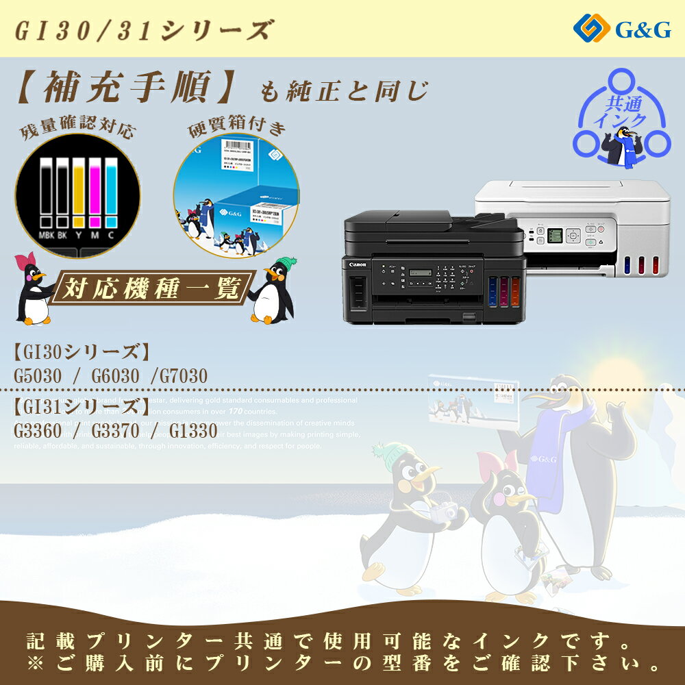 【福袋4個セット】 G&G キヤノン用 互換 インクボトル GI-30/GI-31 (BK/C/M/Y) 45ml×8個 染料 共通使用可能 CANON