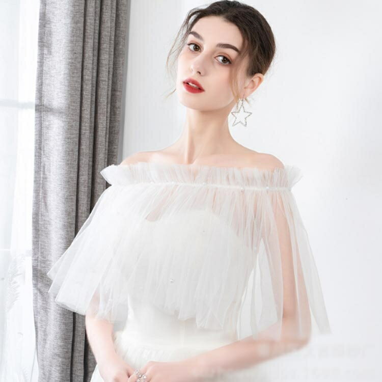 肩掛け ケープ ウエディングドレス 付け襟 パール 結婚式 チュール ボレロ ショール レース オフショルダー ハイネック 2WAY 透け感 ドレス フォーマル ショート トップス ギャザーフリル
