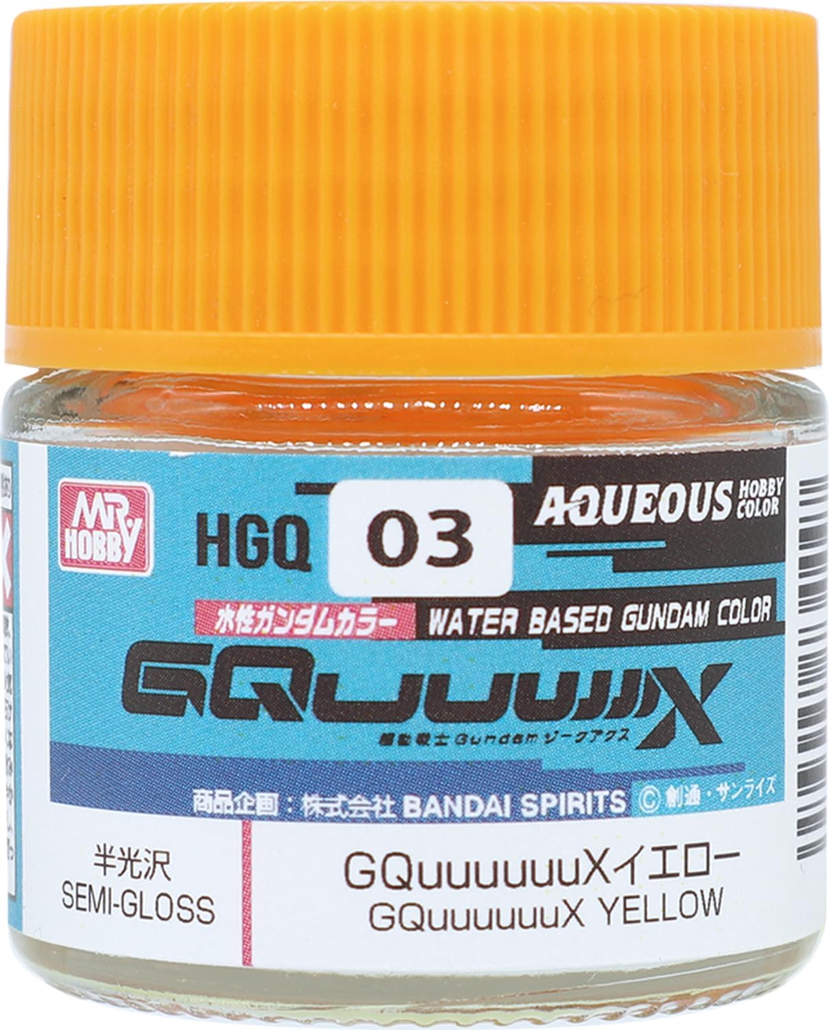 GSIクレオス 「水性ガンダムカラー GQuuuuuuXイエロー 半光沢 10ml」 模型用塗料です。 『機動戦士Gundam GQuuuuuuX』（読み：ジークアクス）の主役機、GQuuuuuuXの機体色を再現した水性ガンダムカラーが登場します！ 【製品特徴】 水で希釈が可能な水溶性アクリル樹脂塗料です。 有機溶剤の使用量が溶剤系アクリル樹脂塗料に比べ少なく、マイルドなものを使用しております。 その為、塗料の匂いもマイルドで扱いやすくなっています。 乾燥後は耐水性になります。 乾燥前は、水で希釈・用具の洗浄が可能です。 乾燥後はMr.ツールクリーナー改などを使用して洗浄してください。 塗膜の光沢感と平滑さは非常に優れています。 【希釈と塗り回数について】 筆塗りの場合は基本的に希釈する必要はありません。そのままお使いいただけます。 粘性が高い場合は、水または水性ホビーカラー用うすめ液をほんの少し添加し、緩ませてご利用ください。 エアブラシで吹く場合には、塗料1に対して水性ホビーカラーうすめ液1程度を加えてください。(希釈比1:1程度) 水でも希釈可能ですが、水分が多いと対象に弾かれやすくなります。 また、水が増える分、乾燥に時間がかかります。 塗り回数は、筆塗りで1～2回、エアブラシ塗装時で2～3回を薄く塗り重ねていくと綺麗な仕上がりとなります。 下地色が濃く、塗り重ねた色に透けてくる際には必要に応じてさらに塗り重ねてください。 【注意】 有機溶剤を含む塗料です。 使用中・使用後はよく換気を行ってください。 他の模型用塗料と混ぜてご利用することは出来ません。 ※ABS樹脂パーツに塗装した場合、樹脂に塗料が浸透し、パーツが脆(もろ)くなり、割れたりすることがあります。 組立説明書やパーツランナーの表示をよく確認していただき、「ABS樹脂パーツ」への塗装は避けてください。 ※この商品はホビー用の塗料です。別途、工具等はご用意ください。 ※本商品以外(接着剤、塗料、工具、電池等)は含まれません。 容量：10ml