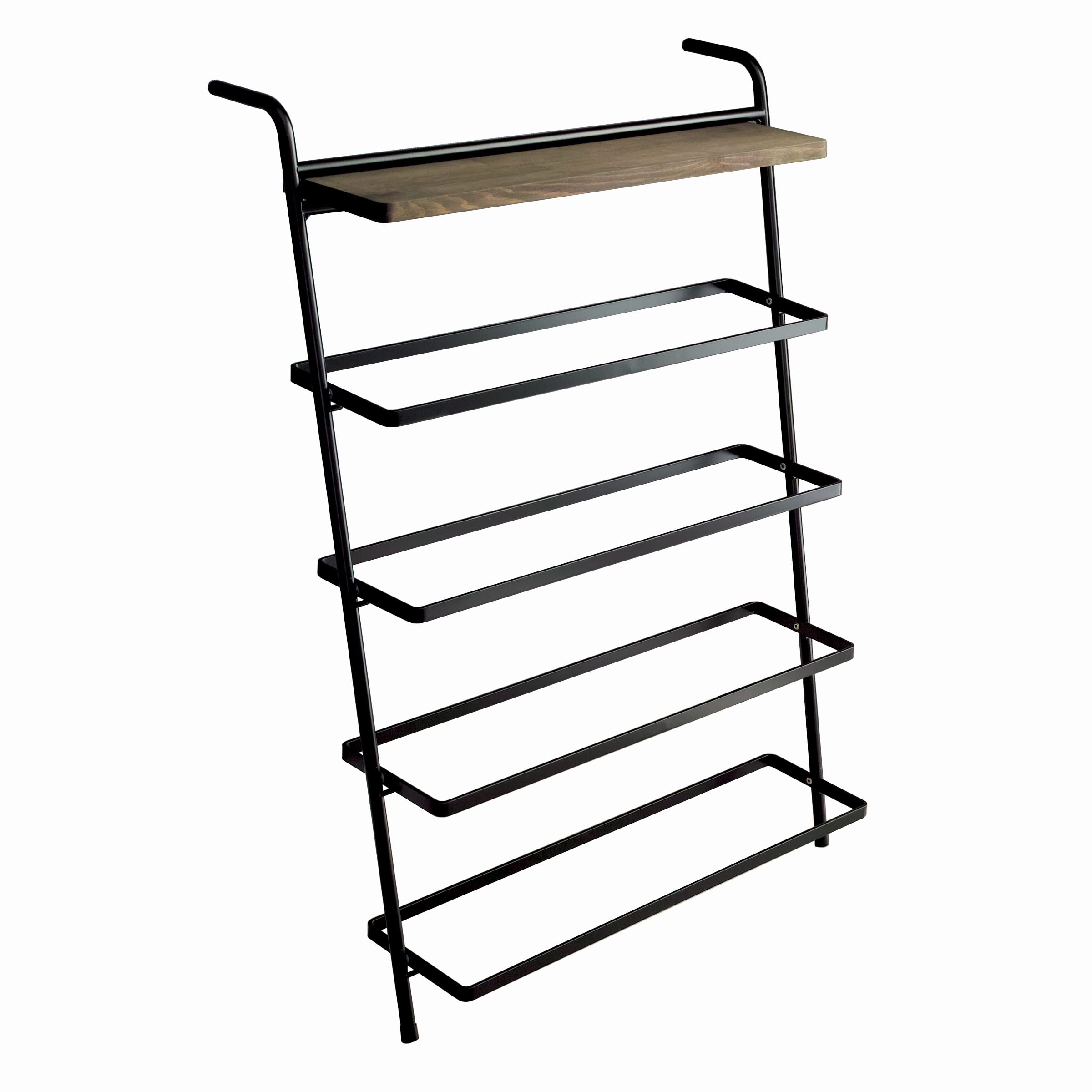 アイアン シューズラック ダークブラウン オープンラック 立て掛け式 靴 収納 小物置き付き 玄関収納