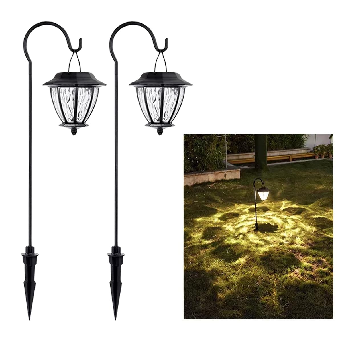 吊り下げランタン ソーラーガーデンライト 電球色 明るさ 自動点灯・消灯、ソーラー芝生ランプ、ソーラー式配線・電気工事不要、太陽光パネル、地面差し込み式、IP65防水、吊り下げ式お庭/玄関先/花壇/樹木/パーク歩道パスライト/ガーデンをライトアップの灯 「2個セット」