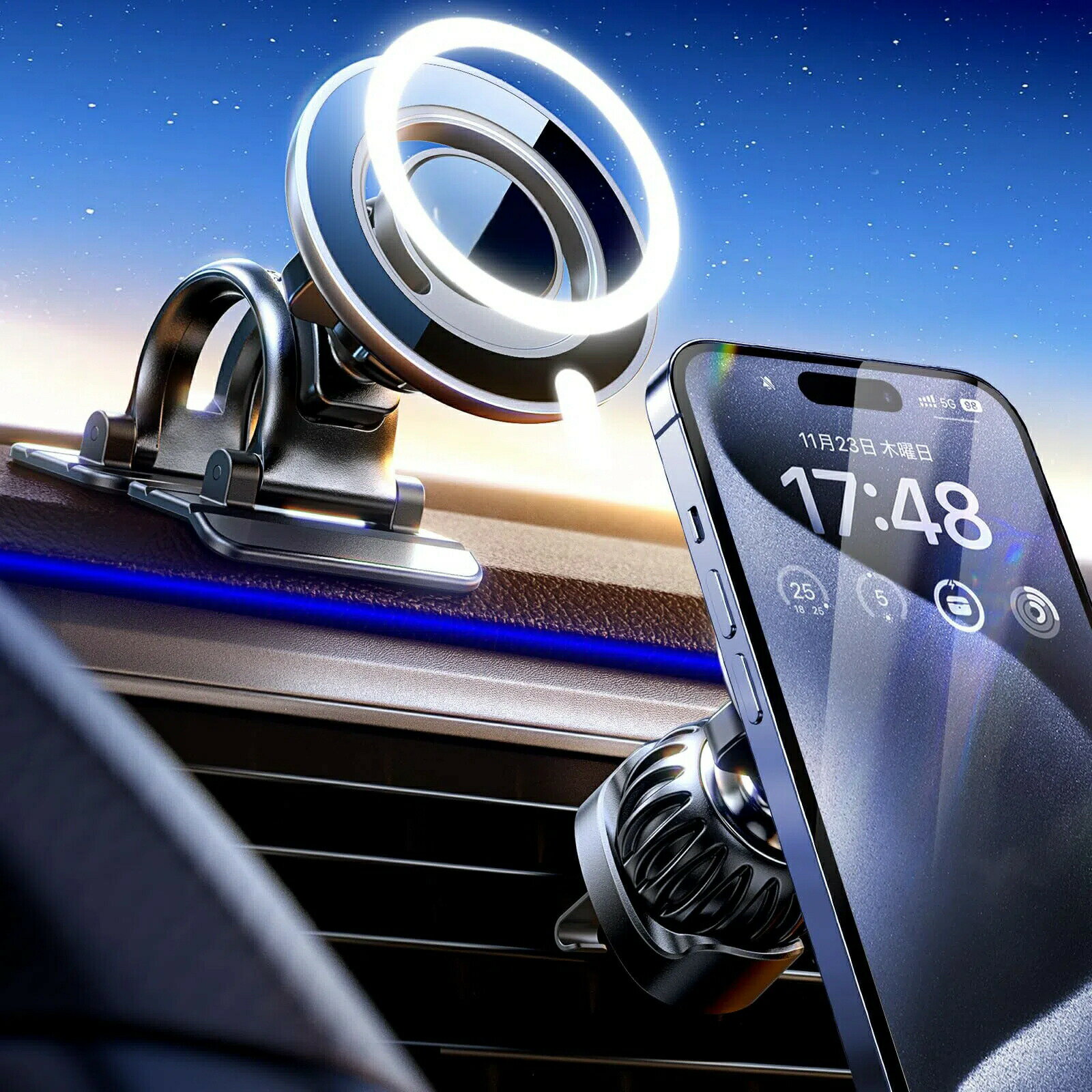 車載 マグセーフスマホホルダー 車 マグネット 車載スマホホルダー 車スタンド 片手操作 エアコン吹き..