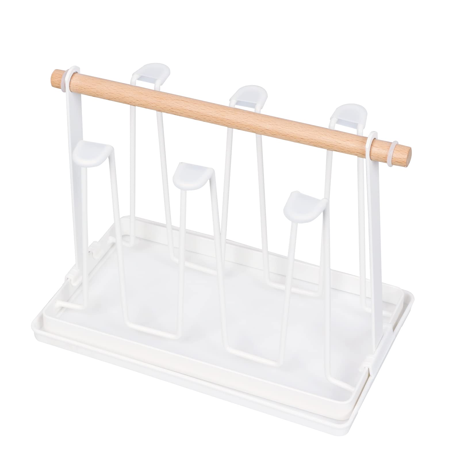 グラススタンド コップホルダー 6個掛け ガラスホルダー 木製ハンドル付 北欧風 おしゃれでスリム キッチンツールスタンド ガラス収納乾燥 水切りラック シリコン滑り止め付 コップ立て (白・プラスチックトレイ)