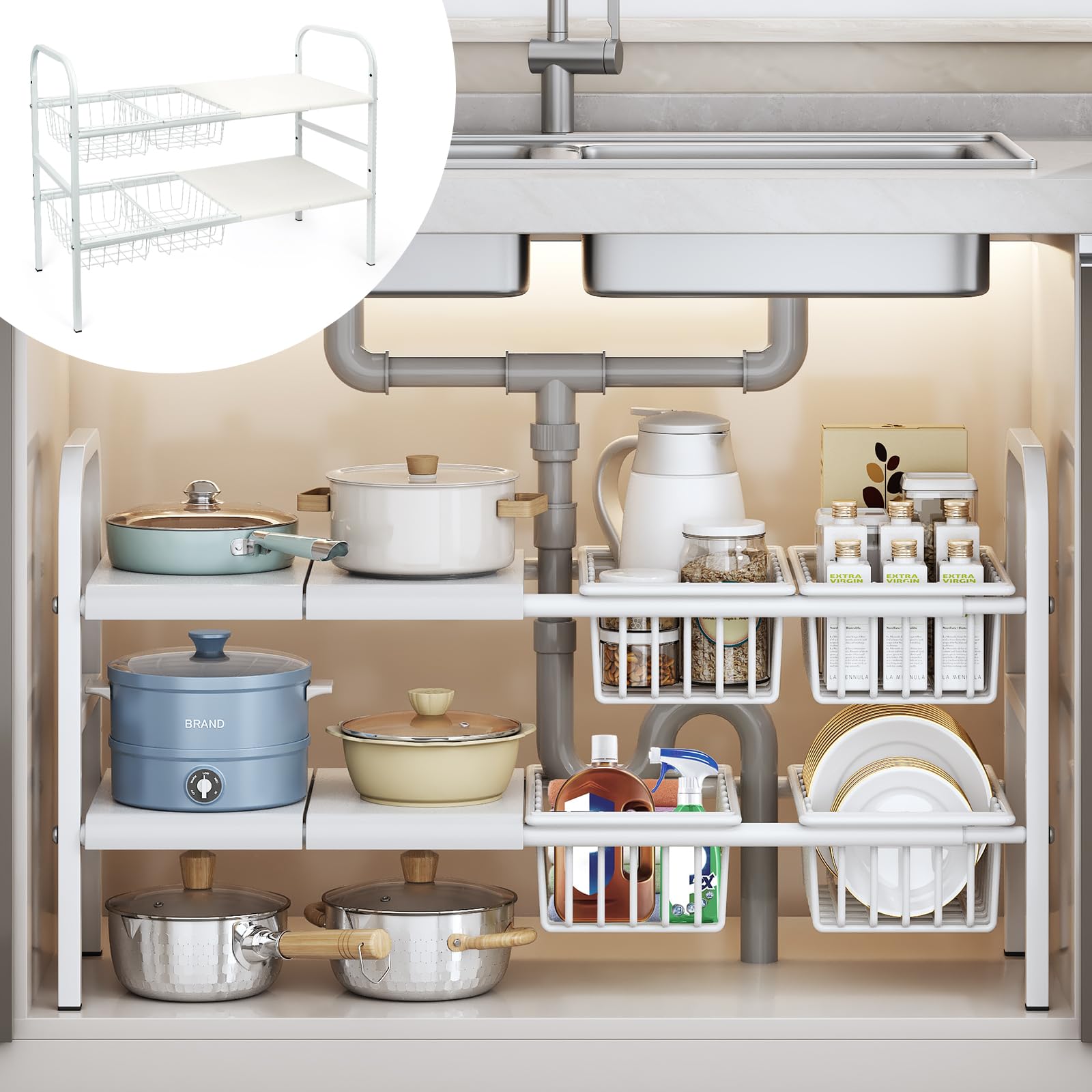 シンク下 収納 ラック 伸縮シンク下ラック 2段 収納バスケット付 キッチン下収納 伸縮棚 キッチン収納ラック 棚 流し台 洗面台下 組立簡単 棚板4枚＋収納バスケット4個付 幅53-88×奥行25.5×高さ49cm ブラック(3)