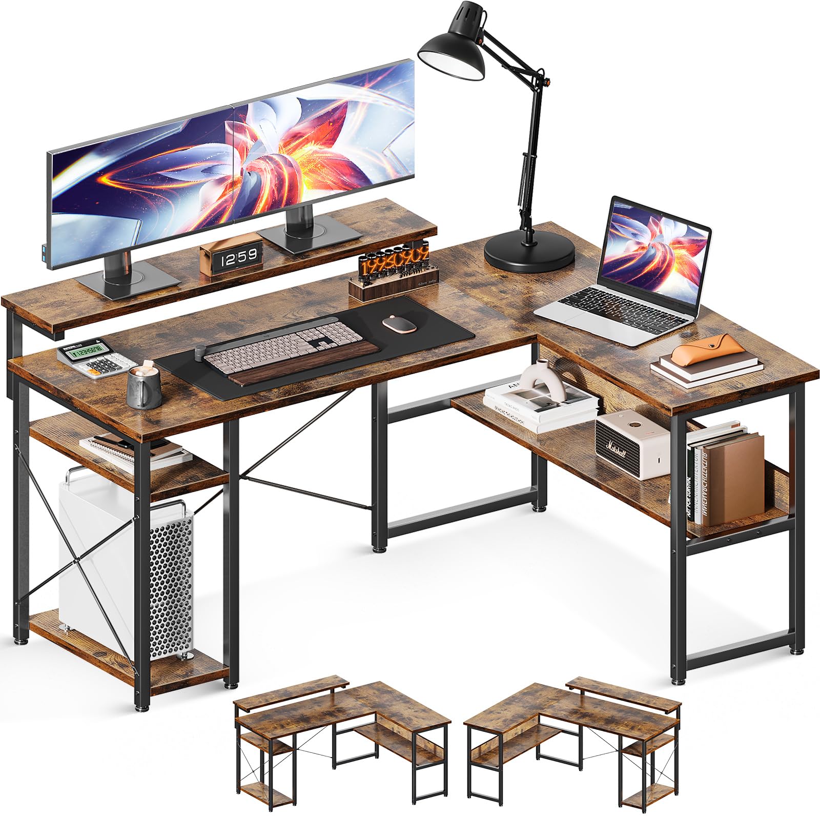 パソコンデスク l字デスク 幅137 ゲーミングデスク デスク 机 棚付き pcデスク コーナーデスク 収納 エル字デスク 3段階モニター台付き オフィスデスク 仕事用 在宅勤務 組立簡単 ホワイト