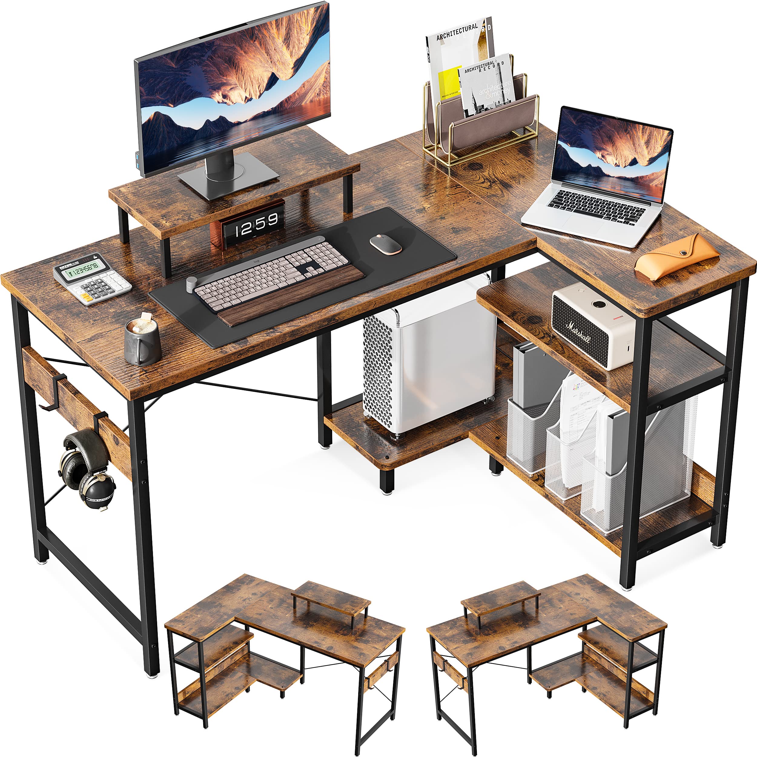 パソコンデスク l字デスク ゲーミングデスク L字型 デスク 机 幅120cm ラック付き pcデスク コーナーデ..