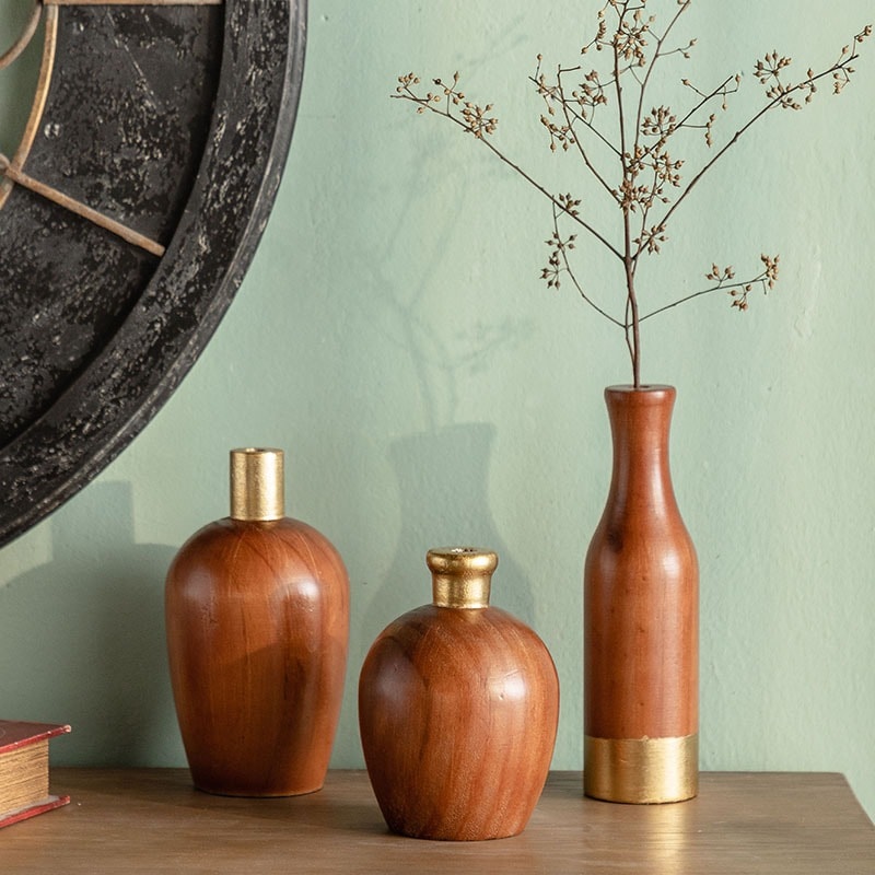 花瓶 レトロ 木製 ゴールド フラワーベース インテリア プレゼント インテリア お洒落 ナチュラル フラワーアレンジメント ギフト