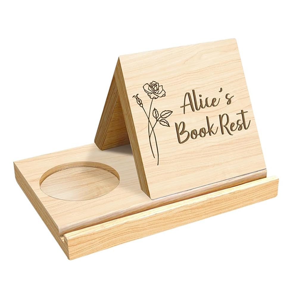 木製三角本棚ブックスタンドホルダー、コーヒードリンクホルダー付き木製ブックホルダー、女性本愛好家..