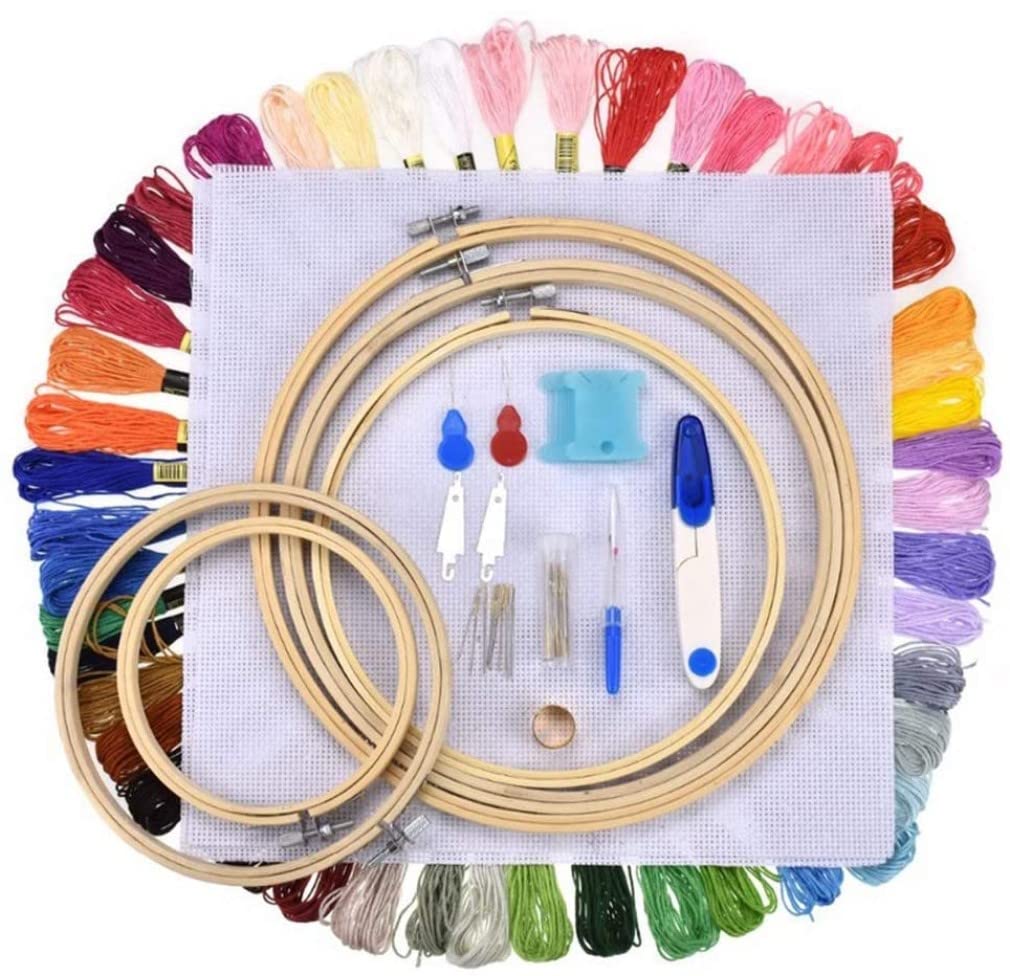 刺しゅうキット クロスステッチセット 竹製 刺繍枠5本 刺繍糸50束 刺繍針30本 刺繍用布2枚