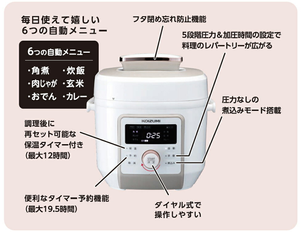 \テレビで話題/電気圧力鍋大容量3LタイプコイズミKSC4501ホワイト|家族4人5人分も対応した圧力なべマイコン電気初心者簡単おすすめレシピブックおいしい和食煮込み角煮カレー時短自動調理人気コンパクト置き場所玄米炊飯5合クチコミKOIZUMI