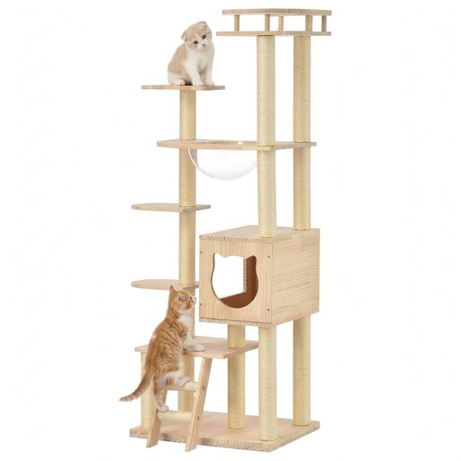猫用タワー 【天然木のぬくもり&amp;お部屋に馴染むデザイン】温かみのある木目調のデザインで、どんなインテリアにも自然に溶け込み、お部屋に高級感をプラスします。布製のタワーと違い、毛が付きにくく、ニオイもこもりにくいのが特徴です。猫ちゃんには木の優しさを、飼い主様には洗練された空間を提供します。 【360°肉球を堪能!透明宇宙船カプセル】猫ちゃんの可愛い寝姿や肉球を真下から観察できる透明宇宙船を採用。広々とした設計で、大型の猫ちゃんでもリラックスして過ごせます。アクリル素材なので、汚れが気になった時もサッと拭くだけで常に清潔な状態をキープできます。 【お手入れ簡単&amp;一年中快適な木製素材】耐久性に優れた高品質な木材を使用。飲み物をこぼしたり、汚れたりしても雑巾で軽く拭くだけで綺麗になります。夏は木のひんやりとした質感で涼しく、冬はクッションを敷くことで保温性を高められるため、オールシーズン快適な猫の憩いの場になります。 【猫の隠れ家&amp;ストレス解消の爪とぎ支柱】猫ちゃんが本能的に落ち着ける「猫顔シルエット」の隠れ家(キャットハウス)を完備。暗くて狭い場所が大好きな猫ちゃんに最適です。