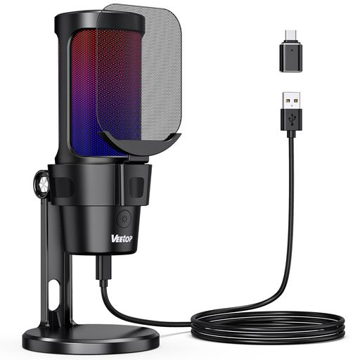 Veetop USB コンデンサーマイク ゲーミングマイク PC マイク RGBライティング 配信用マイク カーディオイド指向性 ワンタッチミュート ポップフィルター プラグ&プレイ音量調節 スタンド付き…