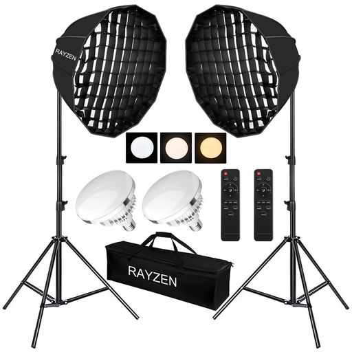 RAYZEN パラボリックソフトボックス 60cm 12角形ソフトボックス 3500K~6500K 白色光・自然光・暖色光モード ハニカムグリッドと白色ディフューザー付き折りたたみ式 撮影用照明セット 2m三脚ス…