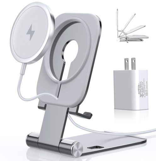 ワイヤレス充電器 MagSafe対応 iPhone 17 16 15 14 13 12 充電スタンド PD20Wアダプター付属 折りたたみ (グレー)