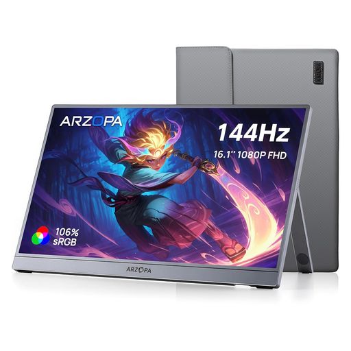 ARZOPA 16.1インチ モバイルモニター グレー 144Hz ゲーミングモニター 1920x1080FHD ゲームモニター 非光沢IPS液晶パネル スイッチ用ディスプレイ 自立型 HDRモード対応 ブルーライト機能