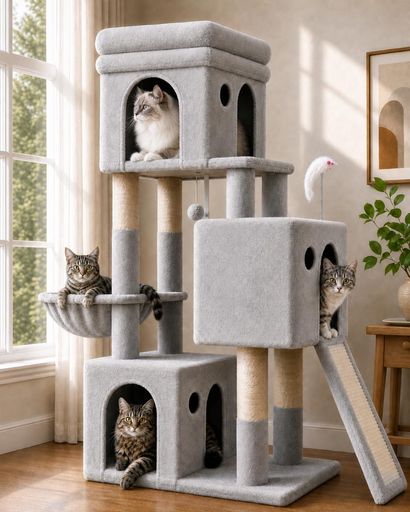 Globlazer キャットタワー 多頭飼い 据え置き型 安定強化構造 猫タワー 広々としたキャットハウス3つ 上部展望台 バスケット 猫の爪とぎボード 特大ベースプレート(65cmx40cm)強い安定性 低く…