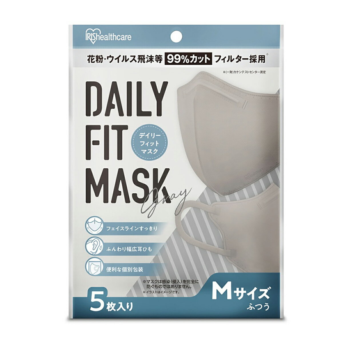 DAILY FIT MASK デイリー フィット 立体形状 マスク 5枚入 M ふつうサイズ グレー 灰色 個別包装 （幅125×高155mm 使い捨て不織布マスク）