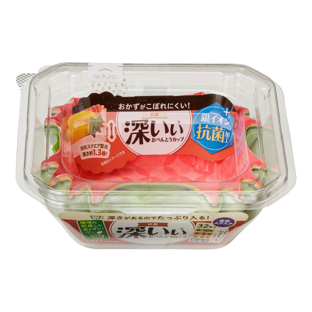 【送料込】 東洋アルミ 抗菌 深いぃ おべんとうカップ 深型スクエア 4色 32枚入 1個