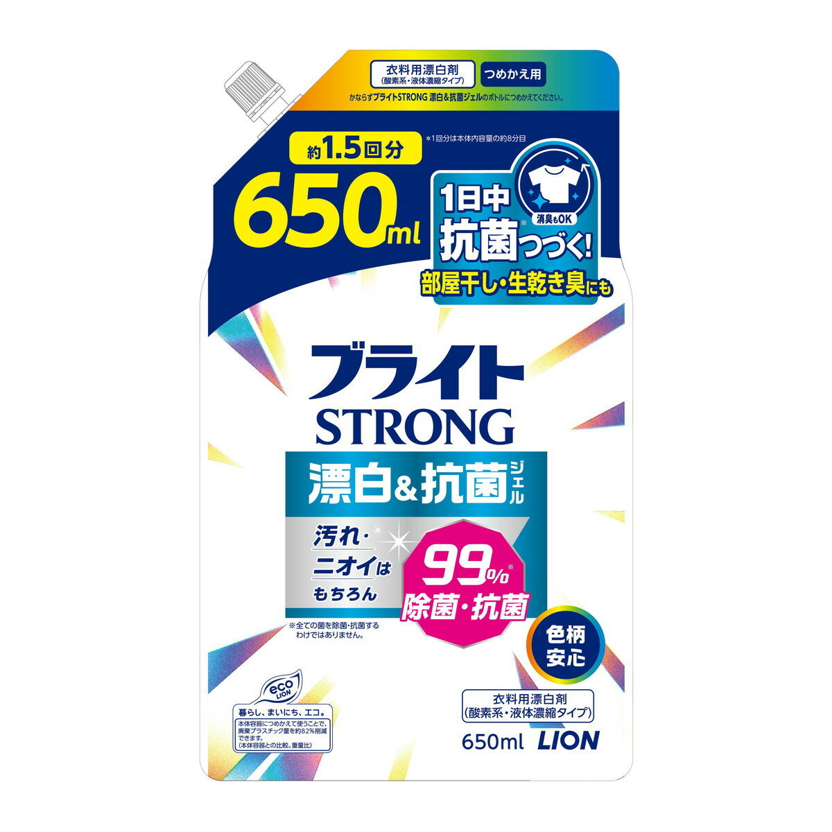 商品名：ライオン LION ブライト STRONG 漂白&抗菌 ジェル つめかえ用 650ml 酸素系液体漂白剤 洗濯用内容量：650mlJANコード：4903301361893発売元、製造元、輸入元又は販売元：ライオン原産国：日本商品番号：101-4903301361893商品説明・汚れやシミなどの漂白はもちろん、部屋干し・生乾きのイヤなニオイもしっかり消臭＆除菌する酸素系液体漂白剤。・抗菌バリア成分配合で、着用中も1日中抗菌つづく。・汚れバリア成分配合で汚れの沈着を防ぎ、次につく汚れも落ちやすくするので、衣類の白さが長続きする。・ジェルタイプなので汚れに密着し、塗布時の効果が高い。色柄物にも安心な酸素系漂白剤。・ツンとしない、すっきりしたミンティグリーンの香り。広告文責：アットライフ株式会社TEL 050-3196-1510 ※商品パッケージは変更の場合あり。メーカー欠品または完売の際、キャンセルをお願いすることがあります。ご了承ください。