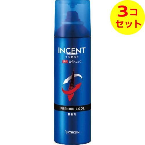 商品名：インセント 薬用育毛トニック プレミアムクール 190g内容量：190g区分：医薬部外品JANコード：4548514511309発売元、製造元、輸入元又は販売元：株式会社バスクリン原産国：日本商品番号：101-k003-4548514511309商品説明2つの生薬エキスが血行促進、毛根を活性化、抜け毛予防＆育毛いつまでも若々しくいるために、はじめよう育毛ケア■液だれしにくく、気になる部分にじわっと浸透する、爽快広角ジェットタイプ■ニンジンエキス、ボタンピエキス配合（保湿成分）■プレミアム清涼成分（天然ミント、持続型清涼成分）配合■メントールの作用でかゆみを防ぐ■無香料・無着色・ノンパラベン・ノンシリコン＜有効成分＞ショウキョウエキス、センブリエキス、メントール＜その他の成分＞DME、無水エタノール、スペアミント油、メンチルグリセリルエーテル、ニンジンエキス、牡丹エキス、エタノール、BG＜使い方＞●ノズルの向きを確かめ、頭皮に適量を直接スプレーし、よくなじませながらマッサージしてください。●整髪時や洗髪後（タオルドライ後）など1日2回（朝・晩）程度、毎日使用することをおすすめします。よく振って、缶の頭部を必ず上にしてお使いください。下向きで使うと、ガスだけが出て最後まで使用できないことがあります。＜ご注意＞●メントール等の冷感刺激に弱い方は使用しない。●傷・湿しん等異常のある部位には、使用しない。●頭皮に異常が生じていないかよく注意して使用する。使用中、赤み・はれ・かゆみ・刺激・色抜け（白斑等）や黒ずみ等の異常が現れた場合、また日光が当たって同じような異常が現れた場合は使用を中止し、皮フ科医へ相談する。使用を続けると症状が悪化することがある。●目に入らないよう注意し、目に入った場合は、こすらず、すぐに水又はぬるま湯で充分に洗い流す。●まぶたの周囲、粘膜等に噴射しない。●同じ箇所に連続して3秒以上噴射しない。●乳幼児の手の届く所に置かない。広告文責：アットライフ株式会社TEL 050-3196-1510※商品パッケージは変更の場合あり。メーカー欠品または完売の際、キャンセルをお願いすることがあります。ご了承ください。