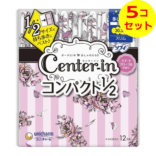 【送料込】 ユニ・チャーム センターイン コンパクト ナチュラルフローラル 多い夜用 12枚入 ×5個セット