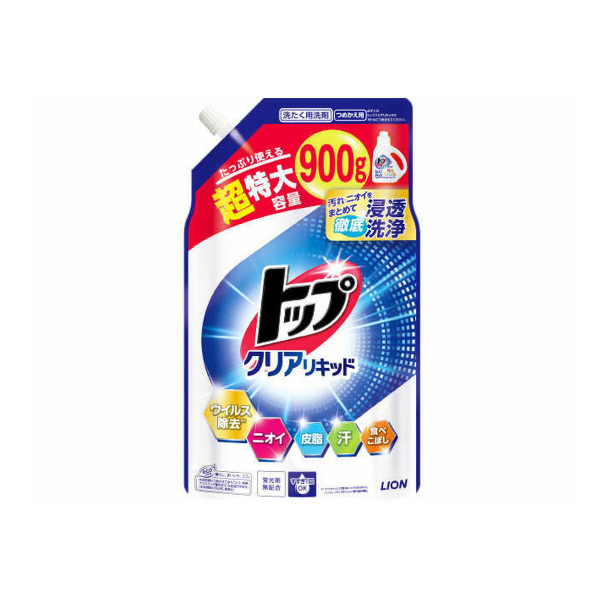 【送料込・まとめ買い×12個セット】ライオン トップ クリアリキッド つめかえ用 超特大 900g 洗たく用..