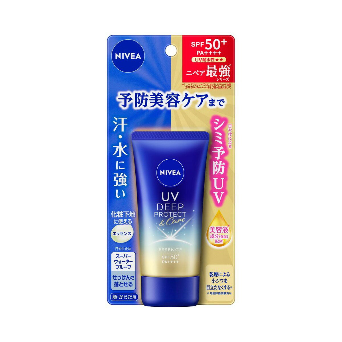 商品名：花王 ニベア UV ディープ プロテクト&ケア エッセンス 50g 顔 からだ用内容量：50gJANコード：4901301390431発売元、製造元、輸入元又は販売元：花王原産国：日本区分：化粧品商品番号：103-r004-4901301390431予防美容（日やけによるシミ・そばかすを防ぐ）ができる美容ケアUV。●汗・水に強い3次元UVフィルムを採用●美容液成分（保湿）配合：金銀花エキス＊、真珠タンパク抽出液＊＊、チューベロース多糖体、BG。乾燥による小ジワを目立たなくする※（※効能評価試験済み）●素肌をきれいにみせる。 光拡散パウダー配合のエッセンス＊ スイカズラ花エキス＊＊ 加水分解コンキオリン◆SPF50+／PA++++◆スーパーウォータープルーフ◆せっけんで落とせる◆化粧下地にも使える◆さわやかで透明感あるクリアフローラルの香り広告文責：アットライフ株式会社TEL 050-3196-1510 ※商品パッケージは変更の場合あり。メーカー欠品または完売の際、キャンセルをお願いすることがあります。ご了承ください。