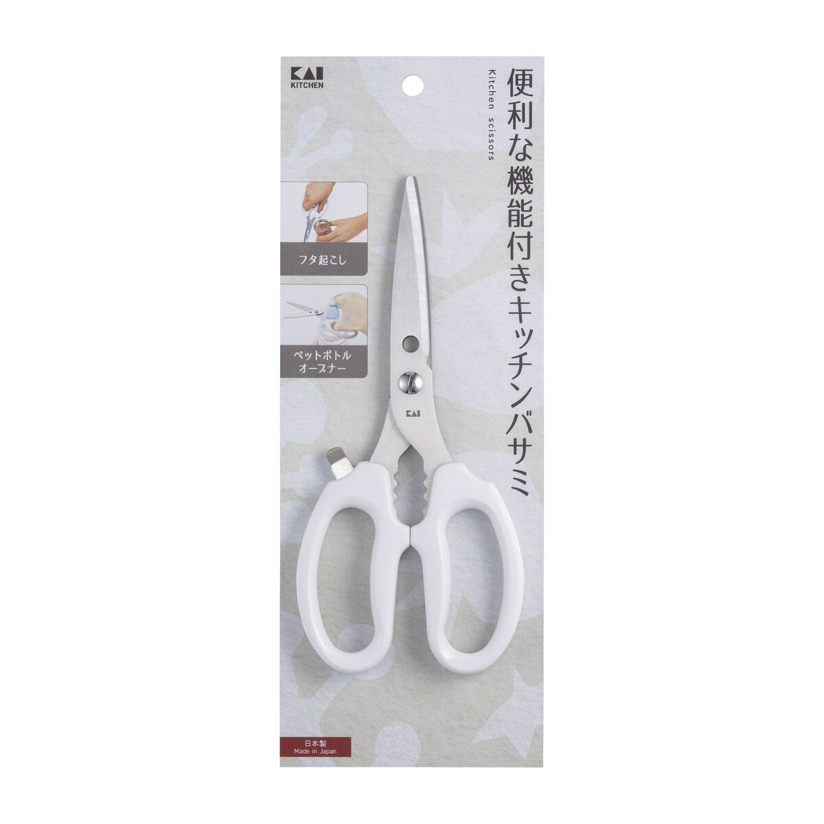 商品名：貝印 KK DH8001 キッチンバサミ フタ起こし&ペットボトルオープナー付き 調理用小物内容量：1個JANコード：4901601177985発売元、製造元、輸入元又は販売元：貝印原産国：日本商品番号：101-r001-4901601177985商品説明缶類のフタ起こし・ペットボトルのフタ開け機能付きの多機能なキッチンバサミです。刃体：ステンレス刃物鋼ハンドル：ABS樹脂（耐熱温度80℃）広告文責：アットライフ株式会社TEL 050-3196-1510 ※商品パッケージは変更の場合あり。メーカー欠品または完売の際、キャンセルをお願いすることがあります。ご了承ください。