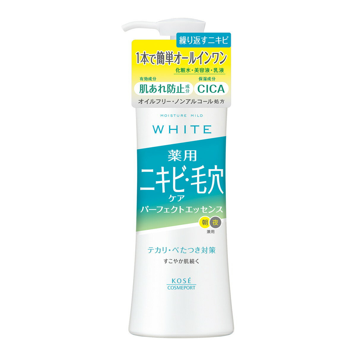 商品名：モイスチュアマイルド ホワイト 薬用 アクネケア パーフェクトエッセンス 230ml オールインワン内容量：230mlJANコード：4971710624540発売元、製造元、輸入元又は販売元：コーセーコスメポート原産国：日本区分：医薬部外品商品番号：101-r010-4971710624540商品説明消炎有効成分配合。ニキビ予防・肌あれケア・毛穴ケアができる、薬用パーフェクトエッセンスです。皮脂でベタつきがちな肌のコンディションをととのえ、すこやかな肌にみちびきます。使用方法○ポンプネジ部を押さえながら、ノズル部分を左に回して上げ、中身が出るまで数回カラ押ししてください。○洗顔のあと、コットンまたは手のひらに適量(1〜2プッシュ)をとり、肌になじませます。広告文責：アットライフ株式会社TEL 050-3196-1510 ※商品パッケージは変更の場合あり。メーカー欠品または完売の際、キャンセルをお願いすることがあります。ご了承ください。