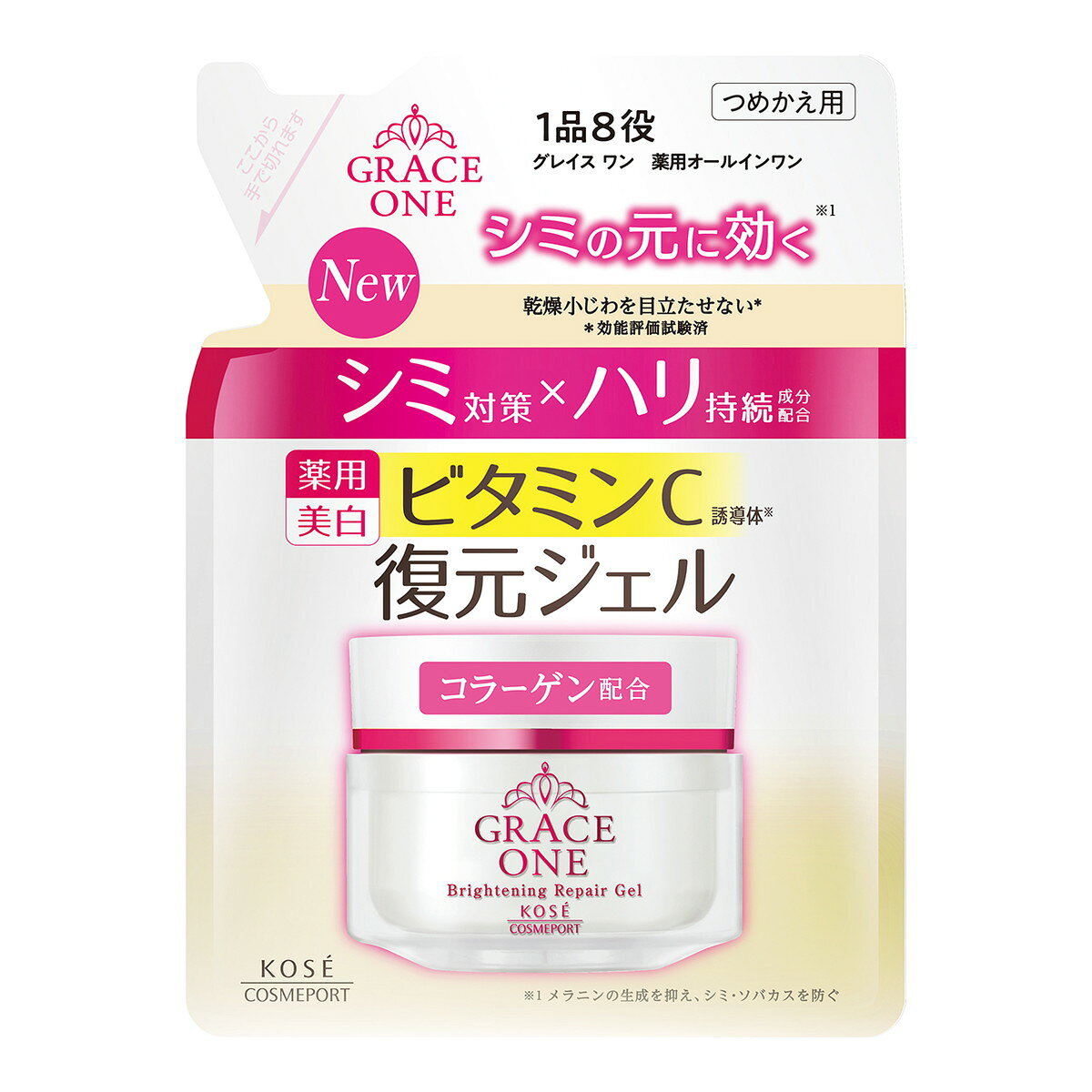 商品名：グレイスワン 薬用 ブライトニング リペアジェル つめかえ用 90g オールインワンジェル内容量：90gJANコード：4971710628562発売元、製造元、輸入元又は販売元：コーセーコスメポート原産国：日本区分：医薬部外品商品番号：101-r002-4971710628562商品説明美白有効成分　ビタミンC誘導体配合。ピンっとしたハリを与え、乾燥小じわ目立たせない（効能評価試験済み）、ピンっとした白玉肌へ。1品8役のオールインワンジェル。あっという間にピーンと復元＊するジェルタイプ。お得なつめかえ用。　＊製剤の特性のこと使用方法〇洗顔のあと、指先にパール粒2 3個くらいの量をとり、下から上に引き上げるようにマッサージしながら肌になじませます。そのあと、手のひら全体で顔をおおうようにやさしくハンドプレスします。〇他のスキンケアアイテムと一緒に使用することもできます。広告文責：アットライフ株式会社TEL 050-3196-1510 ※商品パッケージは変更の場合あり。メーカー欠品または完売の際、キャンセルをお願いすることがあります。ご了承ください。