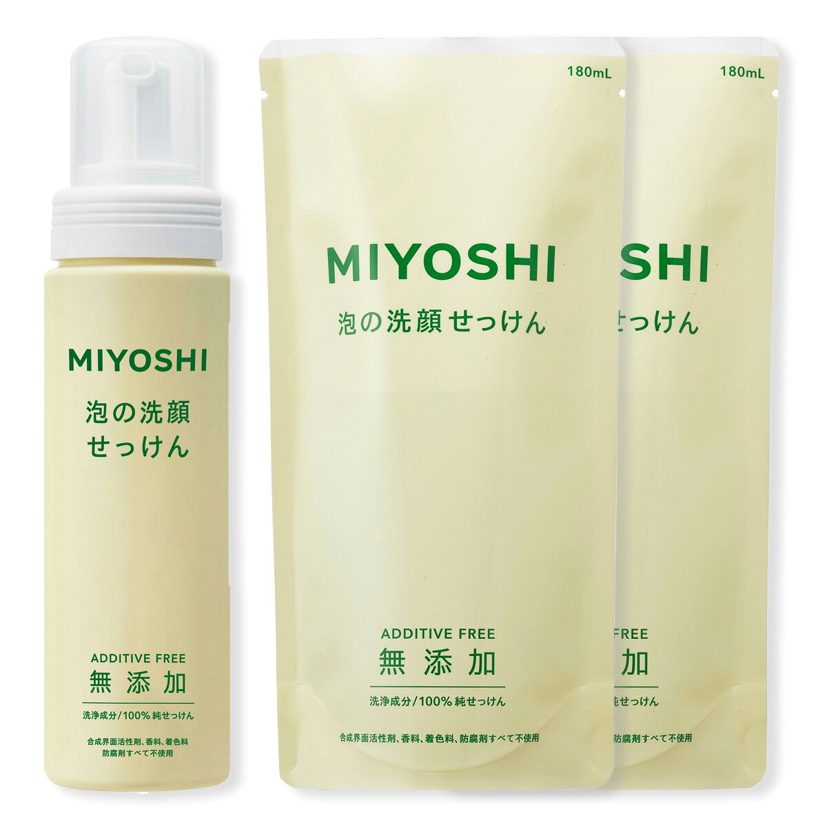 セット内容ミヨシ石鹸　無添加　泡の洗顔せっけん ポンプ の本体200mLと、つめかえ用180mL×2個のセットです。--------------------------商品名：ミヨシ石鹸 無添加 泡の洗顔 せっけん ポンプ 200mL内容量：200mlJANコード：4537130120019発売元、製造元、輸入元又は販売元：ミヨシ石鹸原産国：日本区分：化粧品商品説明弱アルカリ性のせっけんは、古い角質を取り除きやすくするため、肌のくすみもすっきり取れます。肌にやさしい無添加せっけんを、さらにきめの細かい泡にすることで、よりお肌に負担をかけず、やさしく洗い上げます。--------------------------商品名：ミヨシ石鹸 無添加 泡の洗顔 せっけん つめかえ用 180mL内容量：180mlJANコード：4537130120026発売元、製造元、輸入元又は販売元：ミヨシ石鹸原産国：日本区分：化粧品商品説明弱アルカリ性のせっけんは、古い角質を取り除きやすくするため、肌のくすみもすっきり取れます。肌にやさしい無添加せっけんを、さらにきめの細かい泡にすることで、よりお肌に負担をかけず、やさしく洗い上げます。--------------------------広告文責：アットライフ株式会社TEL 050-3196-1510 ※商品パッケージは変更の場合あり。メーカー欠品または完売の際、キャンセルをお願いすることがあります。ご了承ください。