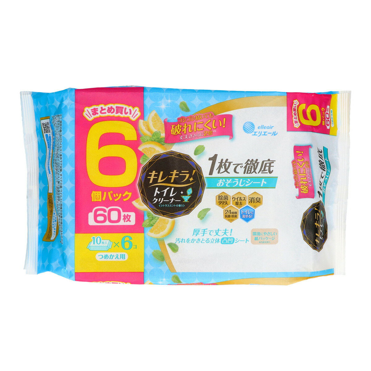 【送料込・まとめ買い×6個セット】大王製紙 エリエール キレキラ! トイレクリーナー 1枚で徹底おそうじシート シトラスミント つめかえ用 60枚(10枚×6P)