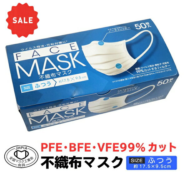 【数量限定】伊藤忠 不織布マスク 50枚 ふつうサイズ（BFE、VFE、PFE　99％カット　箱入りマスク）(4933691962738)※無くなり次第終了のサムネイル