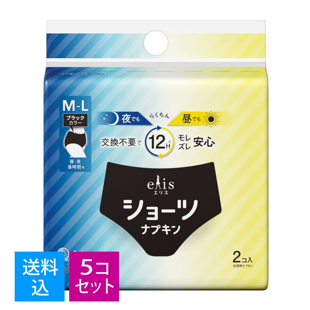 【送料込・まとめ買い2個入××5セット】大王製紙 エリス ショーツ M-L 昼・夜 長時間用 ブラック 2コ入 ショーツ型ナプキン 生理用品のサムネイル