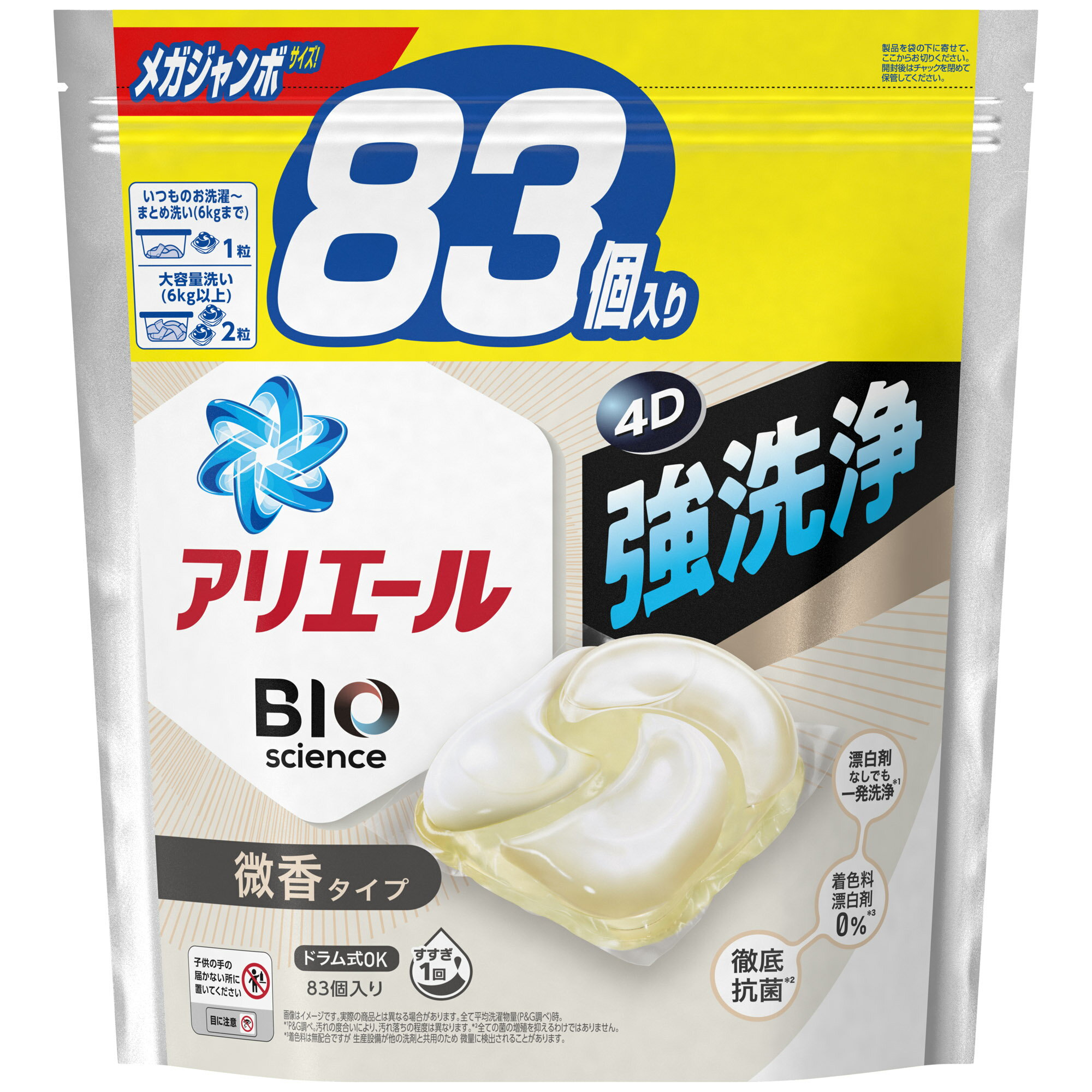 商品名：P&G アリエール 洗濯洗剤 ジェルボール4D 微香 詰め替え メガジャンボ 83個内容量：83個JANコード：4987176194398発売元、製造元、輸入元又は販売元：P＆Gジャパン合同会社原産国：日本商品番号：101-r001-4987176194398商品説明●漂白剤なしでも一発洗浄*1●徹底抗菌*2●洗浄力はそのままに合成着色料・漂白剤0％*3●香りを抑えた微香タイプ●洗濯槽のカビ防止：洗濯槽クリーナーなしでカビ対策OK●強洗浄●汚れ戻り防止●すすぎ1回OK！*1 P＆G調べ。汚れの度合いにより、汚れ落ちの程度は異なります。*2 全ての菌の増殖を抑えるわけではありません。*3 着色料は無配合ですが生産設備が他の洗剤と共用のため微量に検出されることがあります。【使用方法】十分な効果のため、以下の方法で使用してください。(1)洗濯槽に入れる(2)洗濯物を後から入れる(3)お洗濯スタート！・洗濯槽の底に投入。それにより、洗剤外側のフィルムは効果的に水に溶けます。・どちらのタイプの洗濯機にもお使いいただけます。・洗濯機表示：洗濯水量(洗濯物量)30L 65L(2kg 6kg)：1粒65L以上(6kg以上)：2粒がおススメ！・洗剤投入口には入れない(製品がつまり、水があふれる恐れがあります。)【成分】界面活性剤(69％：直鎖アルキルベンゼンスルホン酸塩、アルキルエーテル硫酸エステル塩、ポリオキシエチレンアルキルエーテル、純せっけん分(脂肪酸塩))、安定化剤(プロピレングリコール)、分散剤、金属封鎖剤、水軟化剤、酵素、蛍光増白剤【注意事項】・これは食べ物ではありません。・子供やペットの手の届く所に置かない。・口に入れたり、飲み込んだりしない。・認知症の方などの誤飲を防ぐため、置き場所に注意する。・用途以外に使わない。・下洗いや手洗い用におすすめしません。・製品を強く押したり、長時間触らない。・製品が破れて原液が洗濯機のフタについたときは、水ですぐふき取る。・小さくして捨てやすい、やわらかい素材を使用しています。開封前の破損や液漏れに注意してお取り扱いください。・切り口や角で手を切らないようご注意ください。★応急処置・万一飲み込んだ場合は、吐かせず、水を飲ませるなどの処置をして、医師に相談する。・目に入った場合は、こすらずにすぐ水で充分に洗い流して、医師に相談する。・万一製品が皮膚や衣類に残った場合は、皮膚は水でよく洗い、衣類はぬるま湯にしばらくつけ置きしもみ洗いをしてください。広告文責：アットライフ株式会社TEL 050-3196-1510※商品パッケージは変更の場合あり。メーカー欠品または完売の際、キャンセルをお願いすることがあります。ご了承ください。