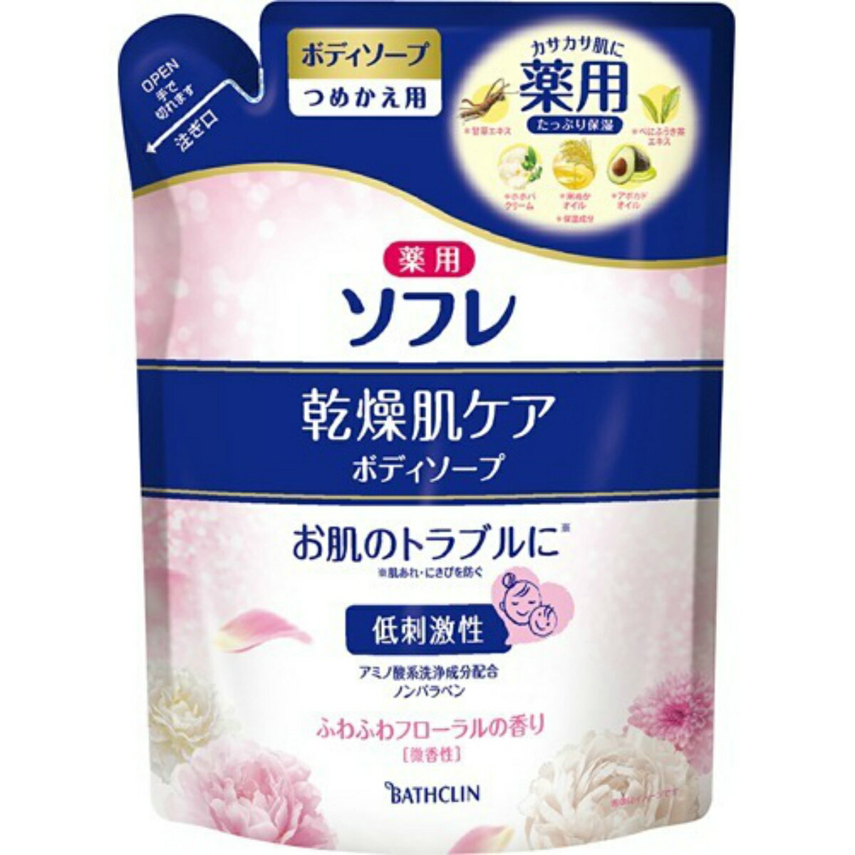 【送料込・まとめ買い×8個セット】バスクリン ソフレ 乾燥肌ケアボディソープ つめかえ用 400ml 医薬部外品 肌荒れを防ぐボディーシャ..