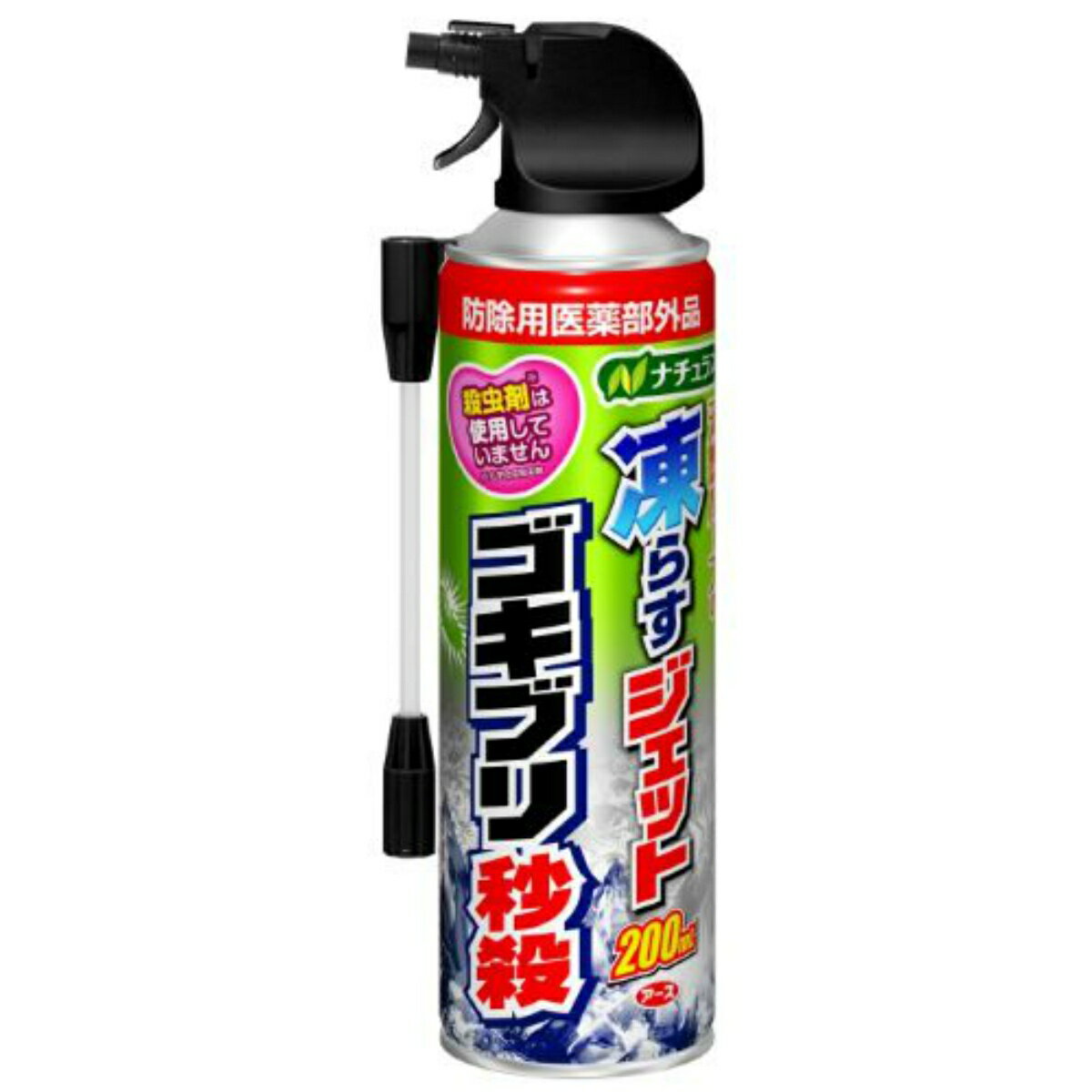 商品名：アース製薬 ナチュラス 凍らすジェット ゴキブリ秒殺 200mL 内容量：200mlJANコード：4901080208217発売元、製造元、輸入元又は販売元：アース製薬株式会社原産国：日本区分：防除用医薬部外品商品番号：101-r006-4901080208217ブランド：ナチュラスゴキブリを凍らして退治する化学合成殺虫剤を使用していないので、食品まわりやお子様、ペットがいるご家庭にもオススメなゴキブリ用駆除剤です。使用方法：使用開始時に天面のストッパーを上に起こしてパキッと音がするまで後ろの方に曲げて折りとってください。噴射レバーを引き、ゴキブリに約3秒直接噴射してください。かかり方が不十分な場合は左記の量を再度噴射してください。※50cm以内の距離から、ゴキブリが十分濡れるまで噴射してください。ロングノズルを使用する場合は、根元をしっかり持って、止まるまで回し、噴口先端に取りつけてください。人やペットに向けて使用しないでください。（凍傷を起こすことがあります。）広告文責：アットライフ株式会社TEL 050-3196-1510 ※商品パッケージは変更の場合あり。メーカー欠品または完売の際、キャンセルをお願いすることがあります。ご了承ください。