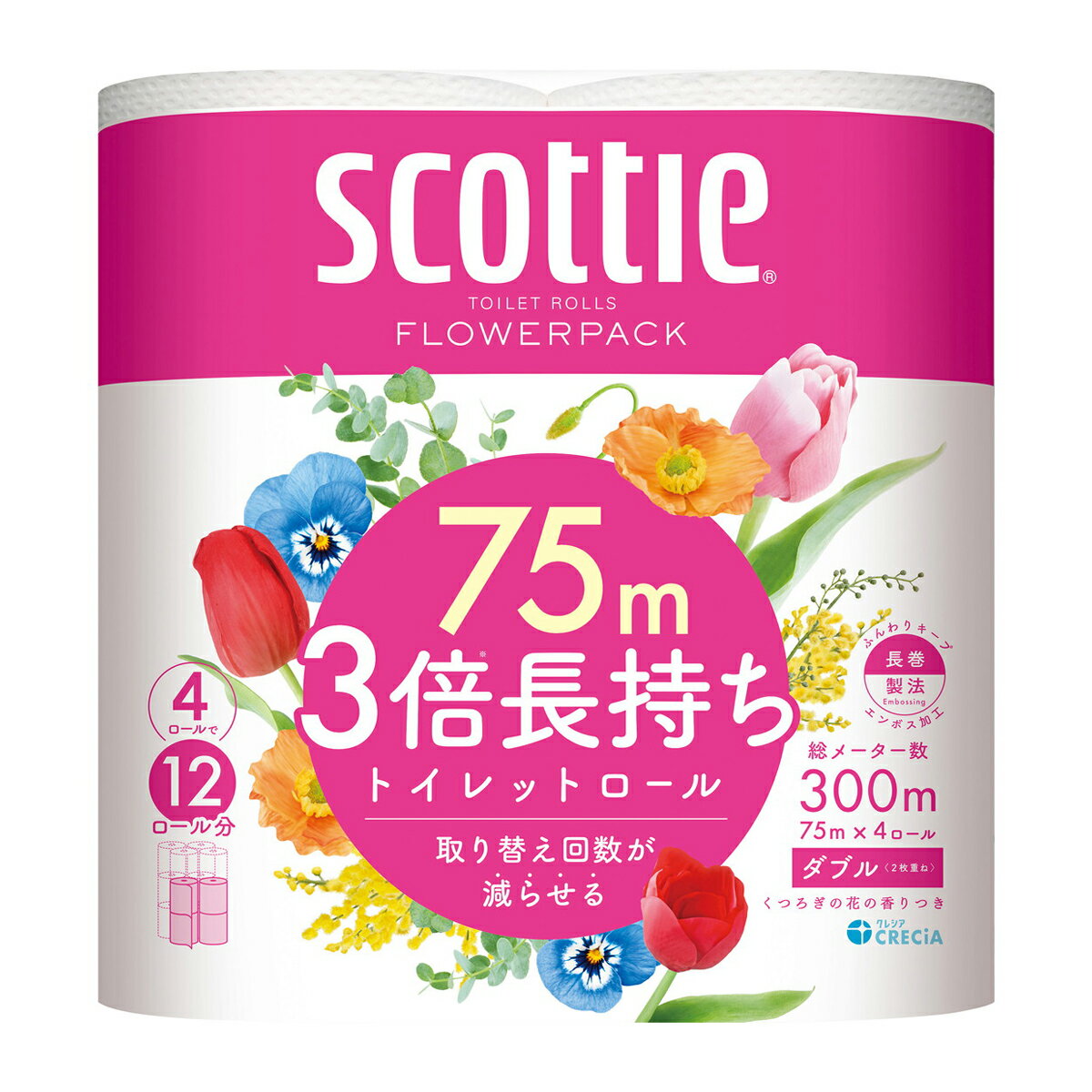 【今だけお得！数量限定セール】日本製紙クレシア スコッティ フラワーパック 3倍長持ち ダブル(内容量:4巻)のサムネイル