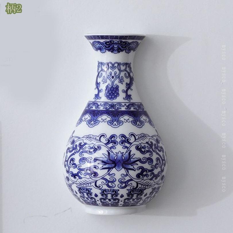 壁掛け 青花 陶器花瓶 和モダン インテリア リビング 壁飾り アンティーク風花器 富貴竹 ラッキーバンブー 玄関 廊下 空間演出 ウォールアート ホームデコレーション 白磁 藍絵 mysco 2