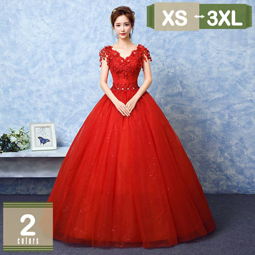 1000円OFFクーポン ウエディングドレス エレガント Vネック ロング Aライン レース レッド クラシカル ..