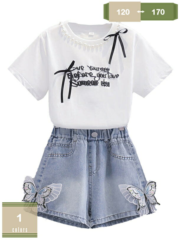 乐天商城 - 子供服 女の子 セットアップ 2点セット 夏服 半袖 Tシャツ デニムハーフパンツ 上下セット フリル ジャージ カジュアル お洒落 スウェット ハーフ丈 パンツセット キッズ 夏着 通園 通学 出産祝い 運動着 リゾート mysco