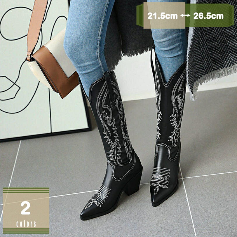 1000円OFFクーポン レディース ロングブーツ ジョッキーブーツ ヴィンテージ 刺 チャンキーヒール 花柄..