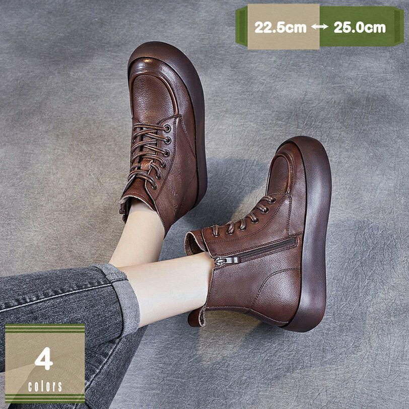 1000円OFFクーポン ショートブーツ レディース レースアップ ブーツ 本革 レザー 厚底 編み上げブーツ アンクルブーツ 軽量 4cmヒール 安定感 厚底ソール プラットヒール 履きやすい サイドジップ フラット 歩きやすい カジュアル 婦人 革靴 mysco